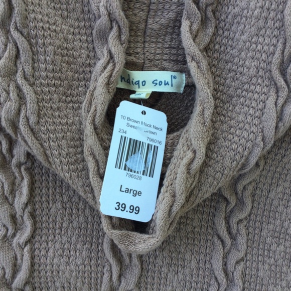 Indigo Soul Brown Mock Neck Long Sleeve Cable Knit Sweater, Large, and earrings - Picture 2 of 8